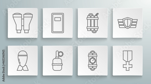 Set line Aviation bomb, Police assault shield, Hand grenade, Detonate dynamite stick timer clock, Military reward medal, and Binoculars icon. Vector