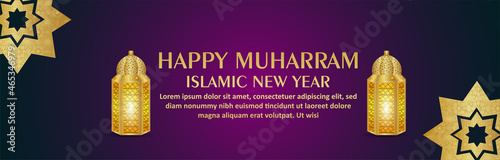 Happy muharram islamic new year celebration banner with realistic golden lantern