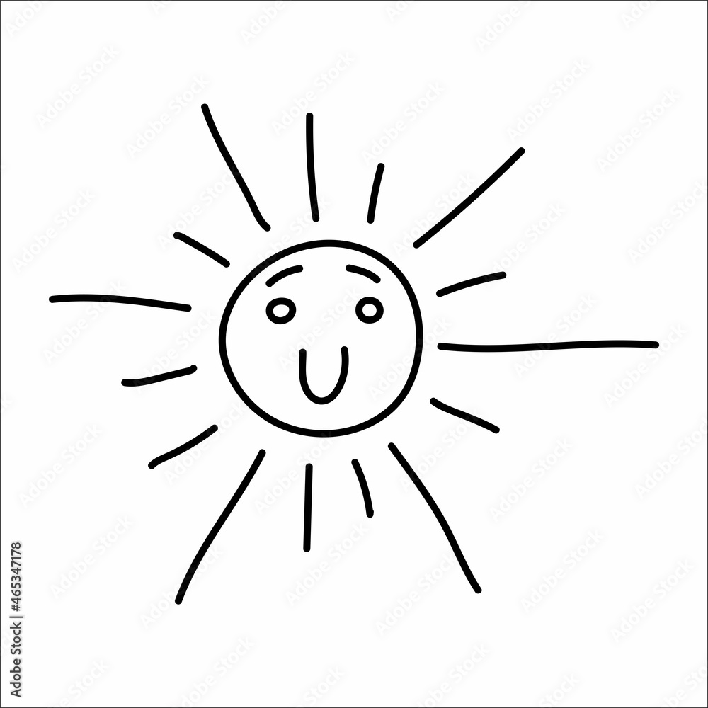 Smilig sun doodle illustration. Hand drawing sun with cute face.