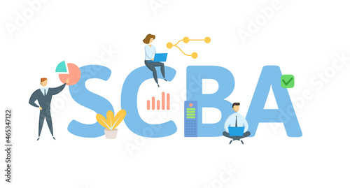 SCBA, Social Cost Benefit Analysis. Concept with keyword, people and icons. Flat vector illustration. Isolated on white.
