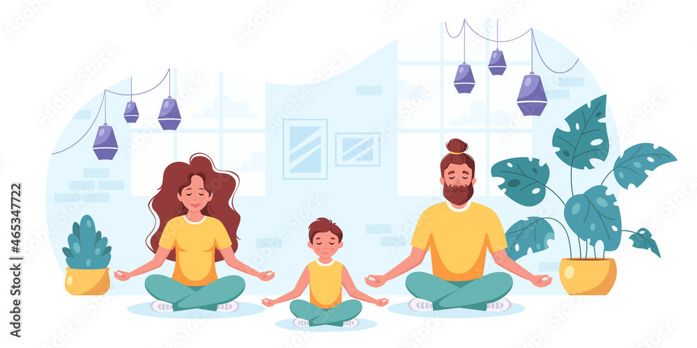 Family doing yoga, meditation in cozy interior. Family spending time together. Vector illustration