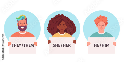 People holding sign with gender pronouns. She, he, they, non-binary. Gender-neutral movement. Vector illustration