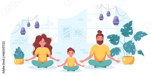 Family doing yoga, meditation in cozy interior. Family spending time together. Vector illustration © Amahce