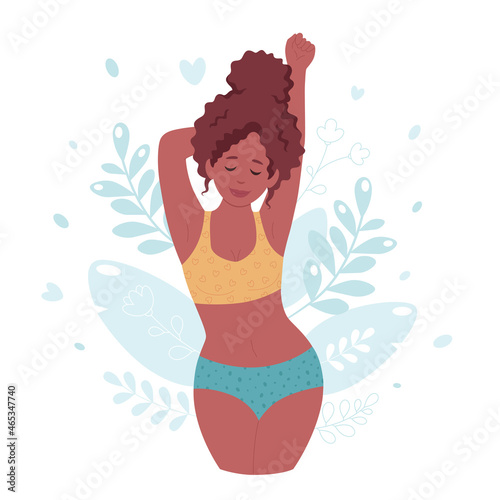 Black woman in underwear. Body positive, self love, self care concept. Vector illustration