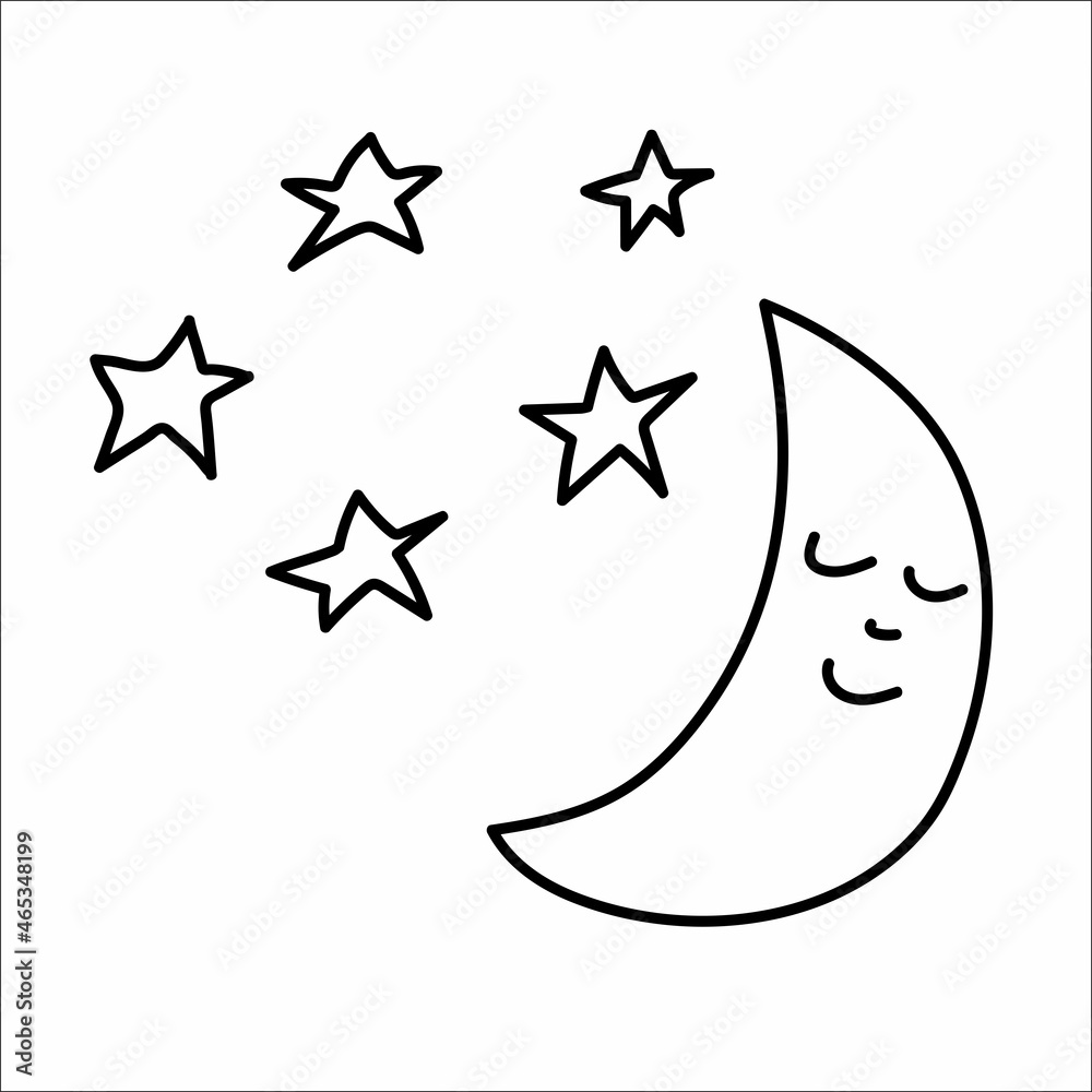 Moon and stars doodle. Hand drawing weather illustration. Moon with cute sleepy face Moon and stars doodle. Hand drawing weather illustration. Moon with cute sleepy face
