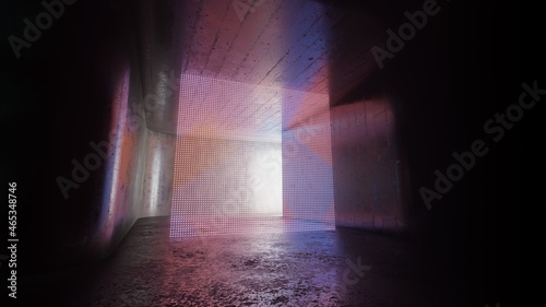 Sci Fi Futuristic Neon Led Laser Glowing Modern Empty Dark Vibrant Blue Purple Pink Glowing Stage Podium Lights On Reflective Grunge Concrete Tunnel Club Room 3D Rendering