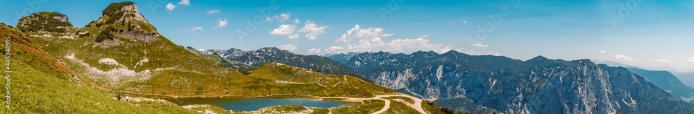 High resolution stitched panorama of a beautiful alpine summer view with the Augstsee lake at the famous Loser summit, Altaussee, Steiermark, Austria