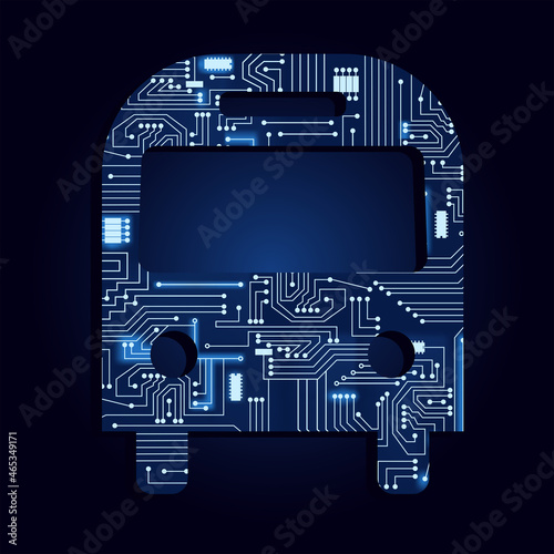 Bus symbol used on traffic signpost with a technological electronics circuit. Blue background.