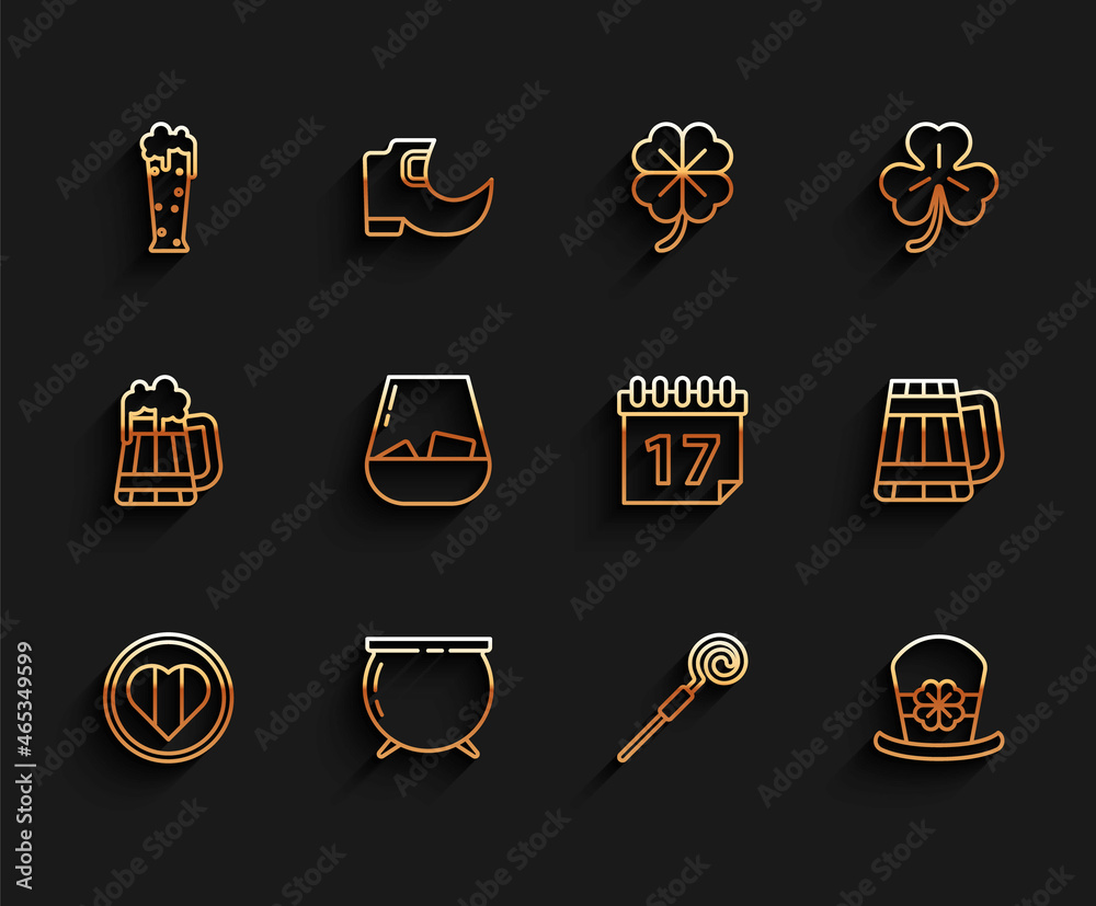 Set line Heart and Happy Saint Patrick day, Witch cauldron, Glass of beer, Walking stick, Leprechaun hat four leaf clover, whiskey, Wooden mug and Patrick's with calendar icon. Vector