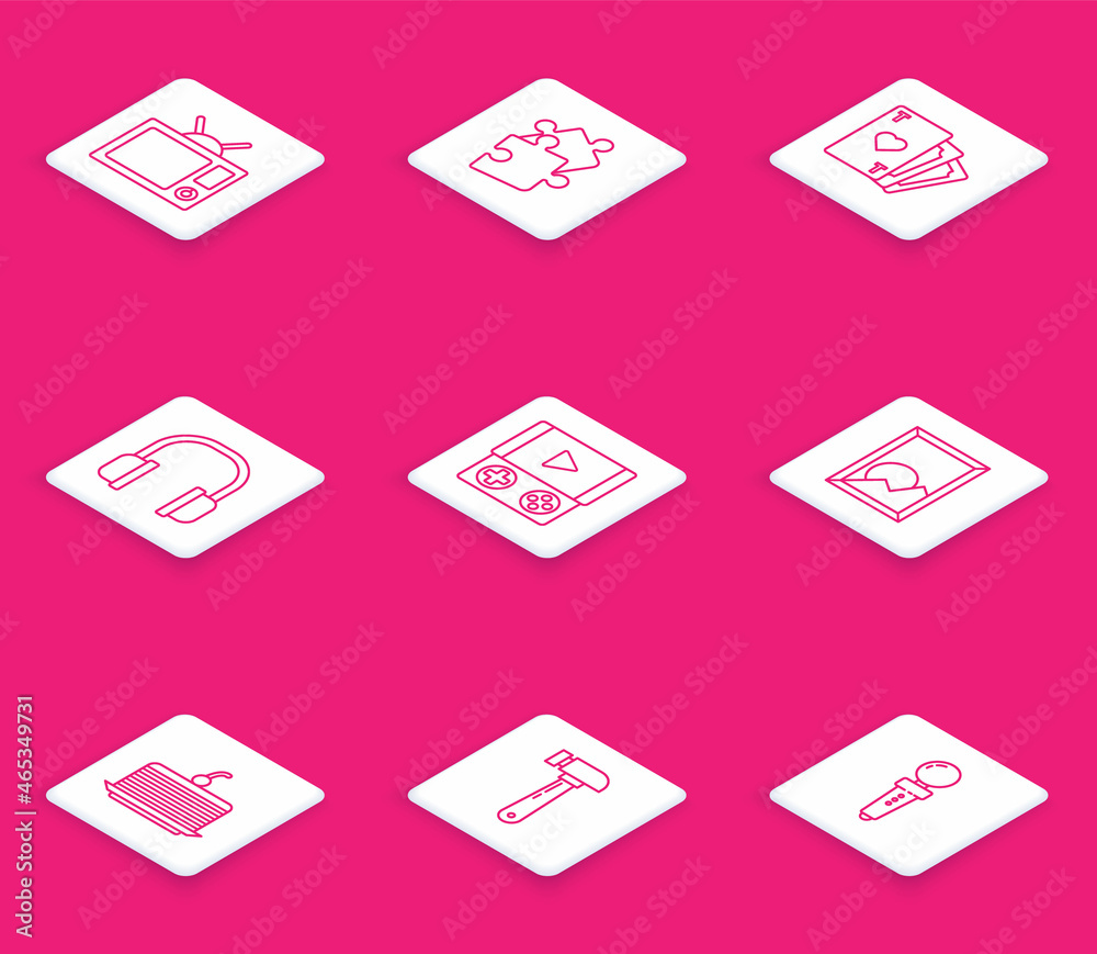 Set line Television, Piece of puzzle, Playing card with heart symbol, Headphones, Portable video game console, Picture landscape, Cake and Hammer icon. Vector Set line Television, Piece of puzzle, Playing card with heart symbol, Headphones, Portable video game console, Picture landscape, Cake and Hammer icon. Vector