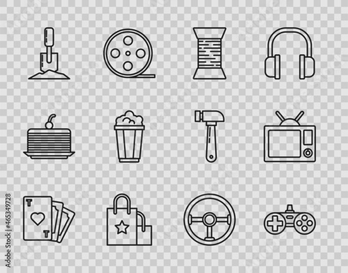 Set line Playing card with heart symbol, Gamepad, Sewing thread on spool, Paper shopping bag, Shovel the ground, Popcorn cardboard box, Steering wheel and Television icon. Vector