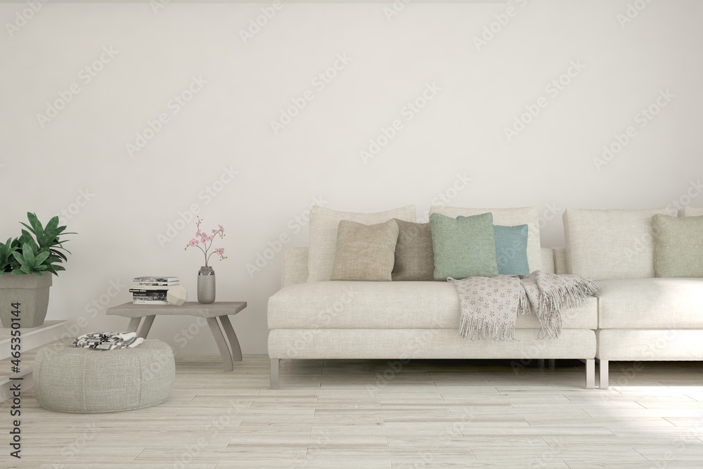 Naklejka premium White living room with sofa. Scandinavian interior design. 3D illustration