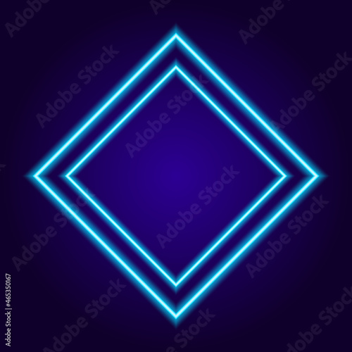 Vector neon blue frame double outline color on a dark blue background with an empty space inside for text. isolated neon pattern of lines in the shape of a diamond, the element glows blue
