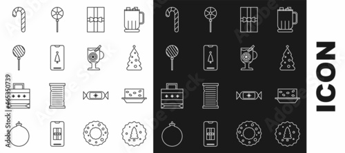 Set line Cookie or biscuit with chocolate, Nougat nuts, Christmas tree decorations, Gift box, Smartphone gift, Lollipop, candy cane stripes and Mulled wine glass of drink icon. Vector