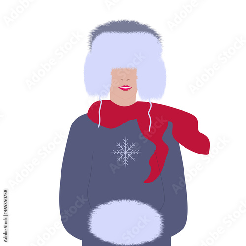 Fur hat with earflaps, woman in winter headdress, muff - isolated on white background - vector. Fashion beauty. Artificial fur.