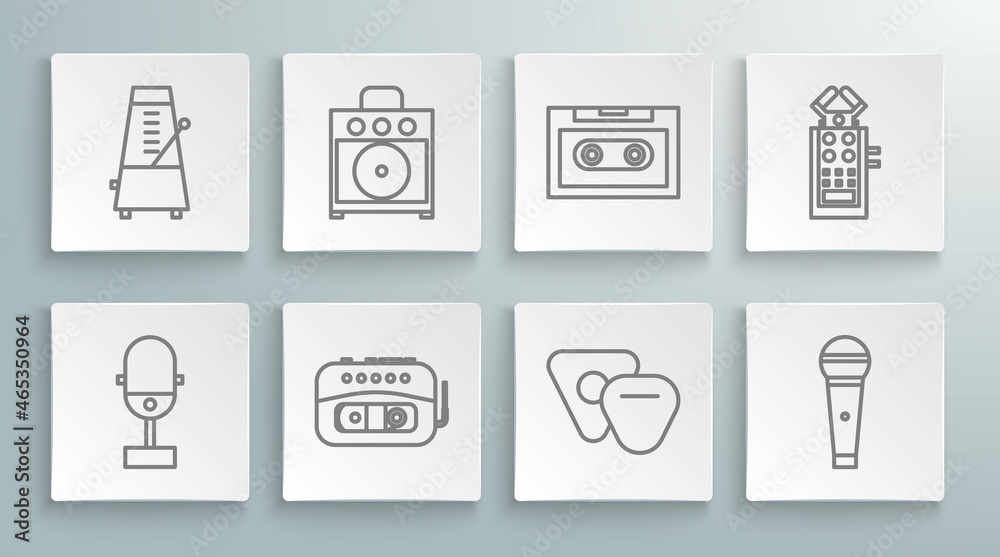 Set line Microphone, Guitar amplifier, Music tape player, pick, Retro audio cassette, and Metronome with pendulum in motion icon. Vector Set line Microphone, Guitar amplifier, Music tape player, pick, Retro audio cassette, and Metronome with pendulum in motion icon. Vector