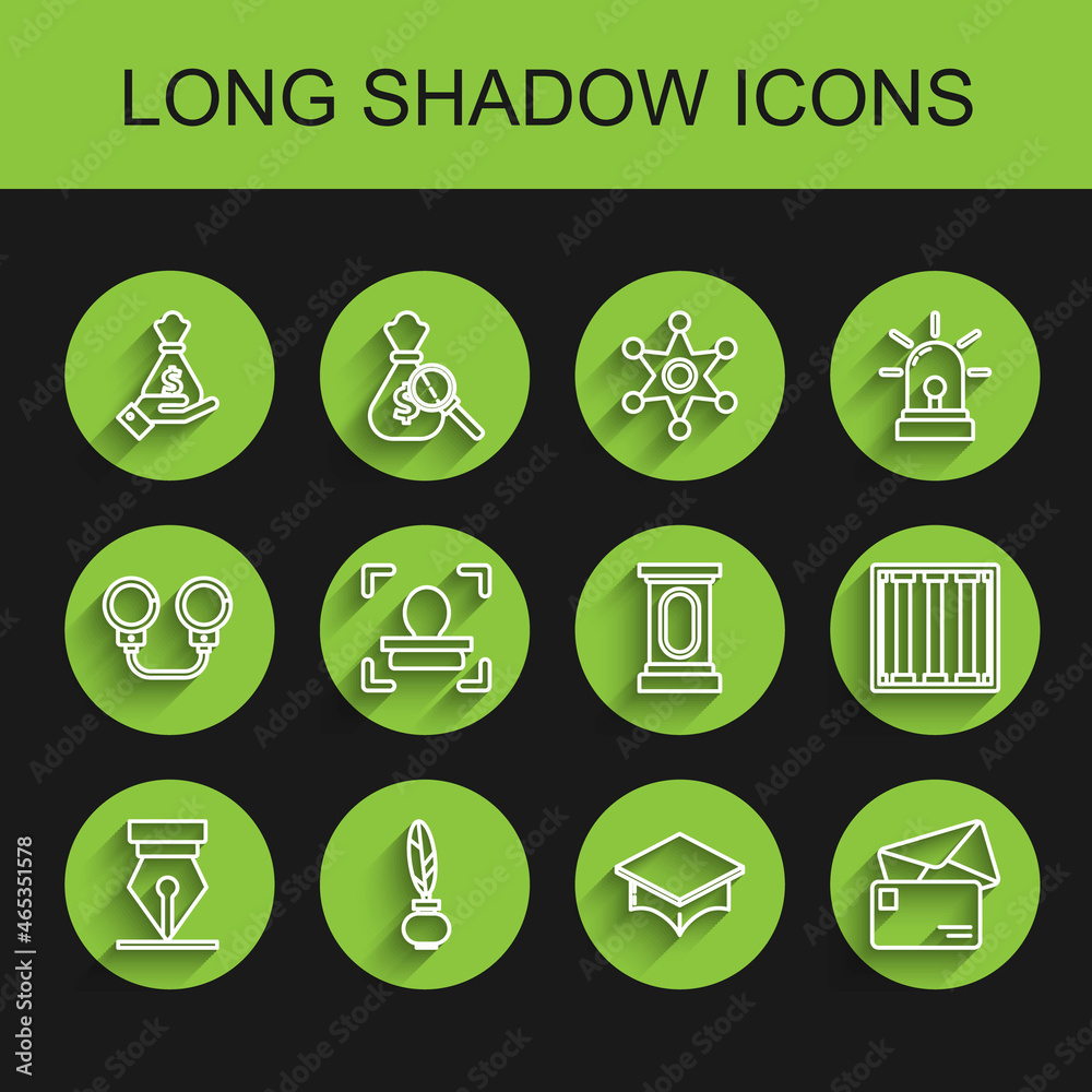 Set line Fountain pen nib, Feather and inkwell, Hand holding money bag, Graduation cap, Envelope, Face recognition, Prison window and Stage stand or debate podium rostrum icon. Vector Set line Fountain pen nib, Feather and inkwell, Hand holding money bag, Graduation cap, Envelope, Face recognition, Prison window and Stage stand or debate podium rostrum icon. Vector