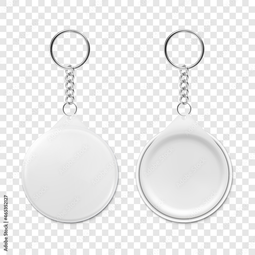 Vector 3d Realistic Blank Round Keychain with Ring and Chain for Key Isolated. Button Badge with Ring. Plastic, Metal ID Badge with Chains Key Holder, Design Template, Mockup Vector 3d Realistic Blank Round Keychain with Ring and Chain for Key Isolated. Button Badge with Ring. Plastic, Metal ID Badge with Chains Key Holder, Design Template, Mockup