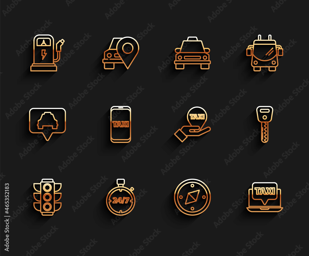 Set line Traffic light, Stopwatch 24 hours, Electric car charging station, Compass, Laptop call taxi service, Taxi telephone, Car key and Hand map pointer with icon. Vector Set line Traffic light, Stopwatch 24 hours, Electric car charging station, Compass, Laptop call taxi service, Taxi telephone, Car key and Hand map pointer with icon. Vector