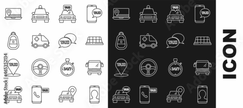 Set line Taxi call telephone service, Bus, car roof, Ambulance and emergency, Car key with remote, Laptop location marker and icon. Vector