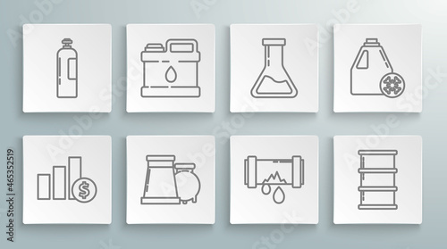 Set line Pie chart infographic and dollar, Broken metal pipe with leaking water, Barrel, Test tube flask, Antifreeze canister and Industrial cylinder tank icon. Vector