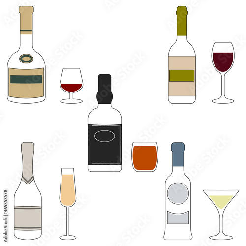 Contours of bottles and glasses with alcohol