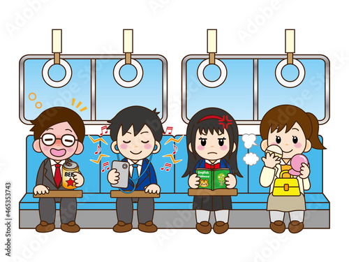 電車内でマナー違反をする乗客のイラスト