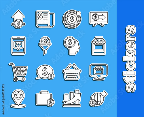 Set line Earth globe with dollar, Shopping building or market store, Target symbol, Lead management, Mobile phone and like heart, Financial growth coin and Business planning mind icon. Vector