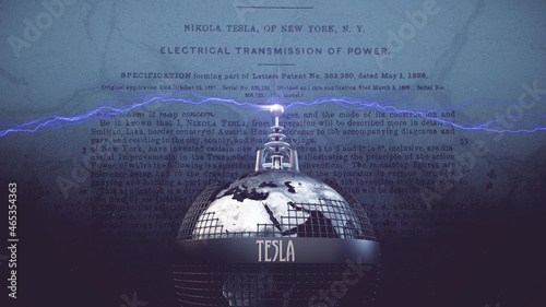 Poster: Tesla-Tower mit blauen elektr. Blitzen auf Globus in Gitter-Käfig | Poster Konzept/Idee  globale drahtlose Energieübertragung der Zukunft - Vision Freie Energie | 3D Render Illustration photo