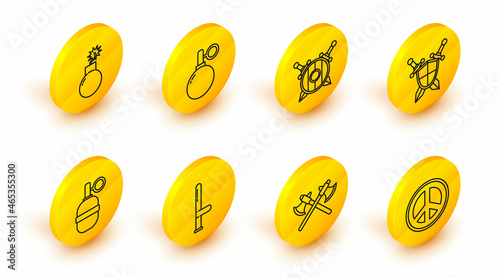 Set line Peace, Crossed medieval axes, Police rubber baton, Hand grenade, Medieval shield with crossed swords, Wooden, and Bomb ready explode icon. Vector