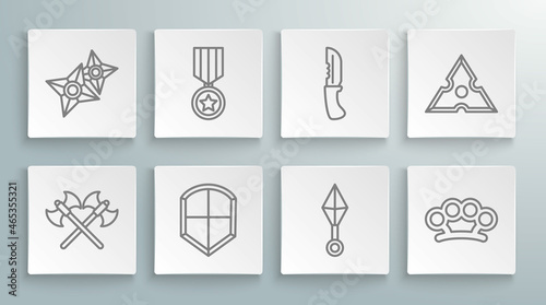 Set line Crossed medieval axes, Military reward medal, Shield, Japanese ninja shuriken, Brass knuckles, knife, and icon. Vector