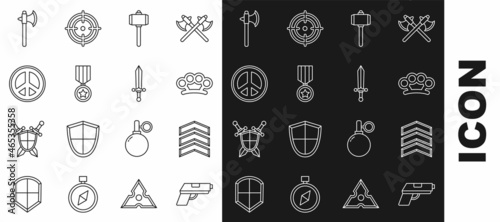 Set line Pistol or gun, Military rank, Brass knuckles, Battle hammer, reward medal, Peace, Medieval axe and sword icon. Vector
