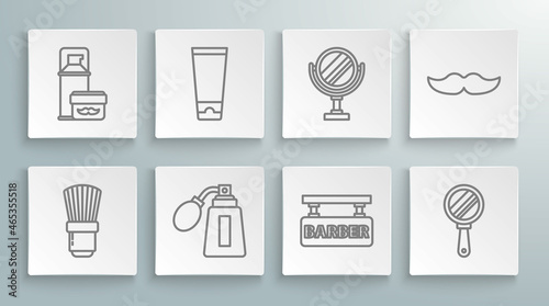 Set line Shaving brush, Cream or lotion cosmetic tube, Aftershave bottle with atomizer, Barbershop, Hand mirror, Round makeup, Mustache and gel foam icon. Vector
