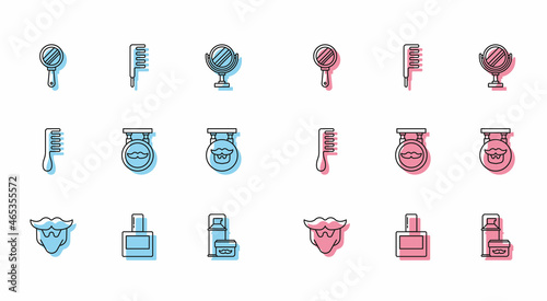 Set line Mustache and beard, Aftershave, Hand mirror, Shaving gel foam, Barbershop, Hairbrush and icon. Vector
