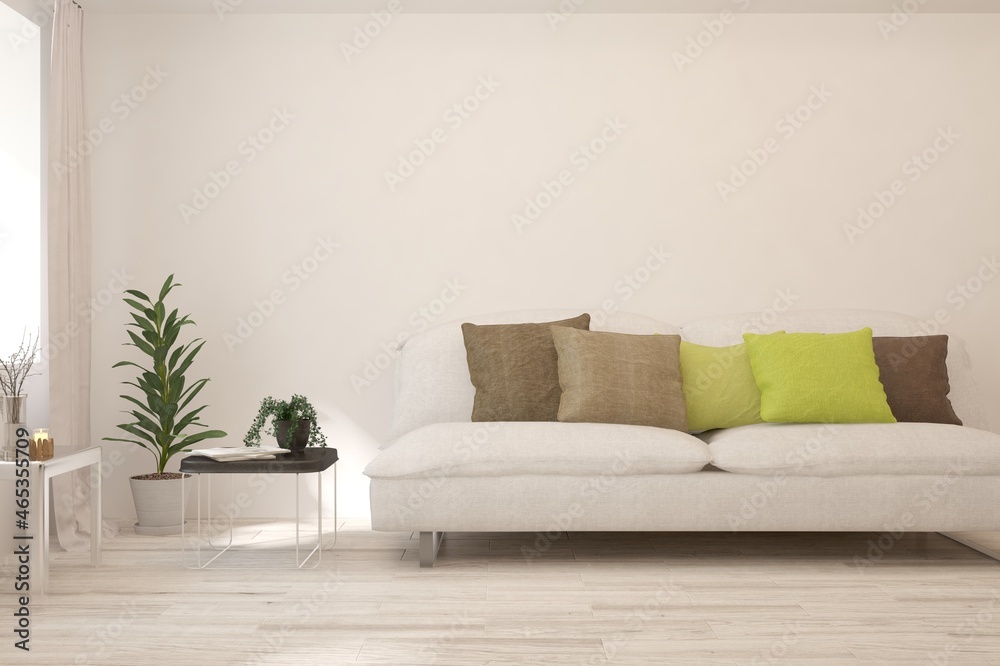 Naklejka premium White living room with sofa. Scandinavian interior design. 3D illustration
