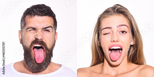 People&positive emotions concept. Set of man and woman emotional portraits. Collection of funny face people collage. Emotions. Happy faces set. Face expression - happy bearded man and beautiful girl.
