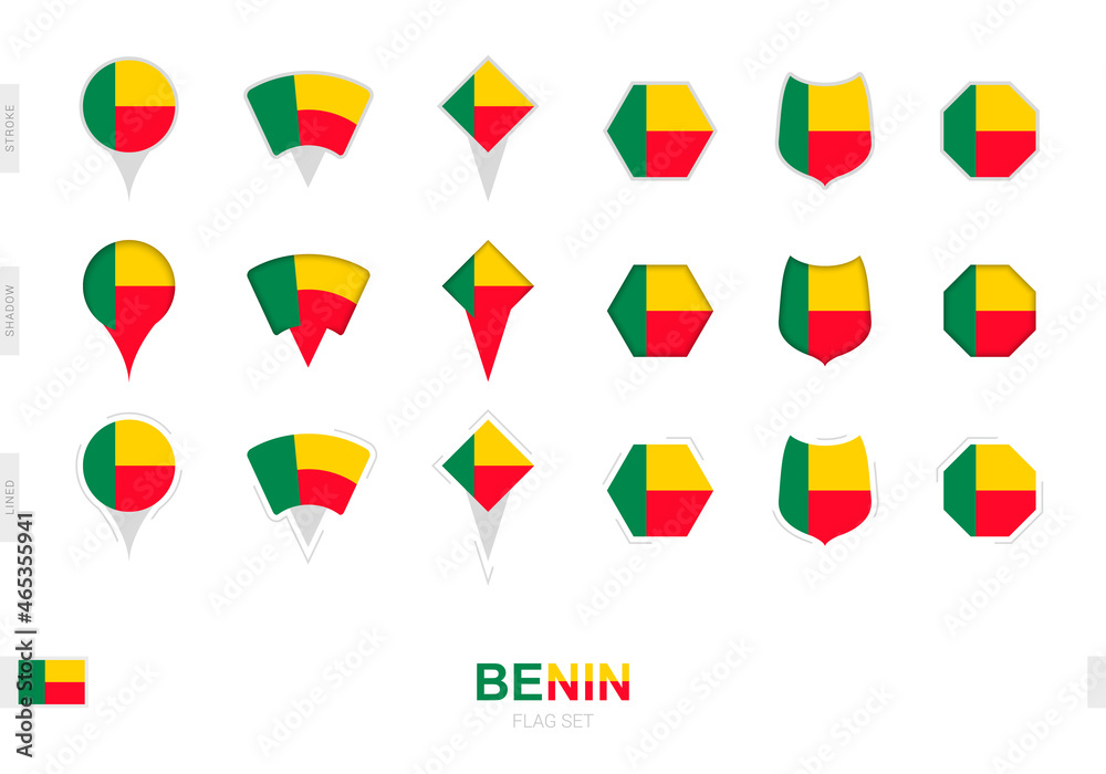 Collection of the Benin flag in different shapes and with three different effects. Collection of the Benin flag in different shapes and with three different effects.