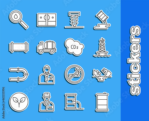 Set line Barrel oil, Wrecked tanker ship, Oil rig with fire, Rotating drill digging hole, Tanker truck, Industry pipe, drop and CO2 emissions cloud icon. Vector