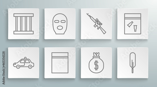 Set line Police car and flasher, Thief mask, Plastic bag with ziplock, Money, Feather pen, Sniper rifle scope, Evidence bullet and Prison window icon. Vector