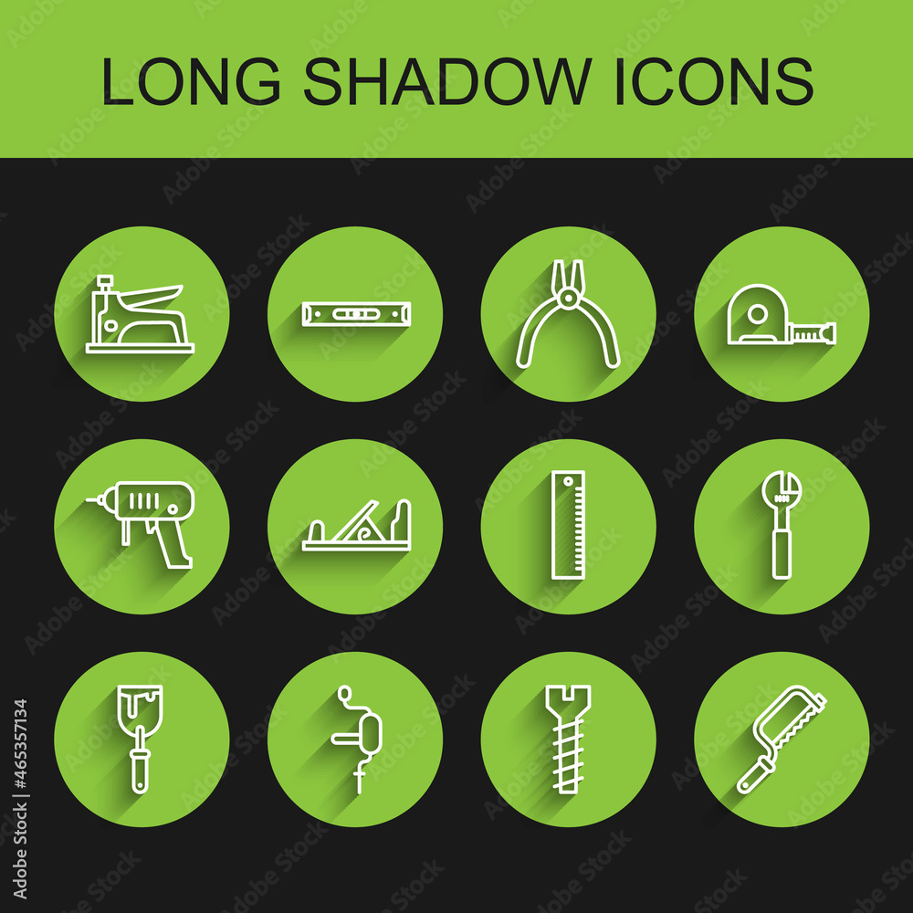 Set line Putty knife, Hand drill, Construction stapler, Metallic screw, Hacksaw, Wood plane tool, Adjustable wrench and Ruler icon. Vector Set line Putty knife, Hand drill, Construction stapler, Metallic screw, Hacksaw, Wood plane tool, Adjustable wrench and Ruler icon. Vector