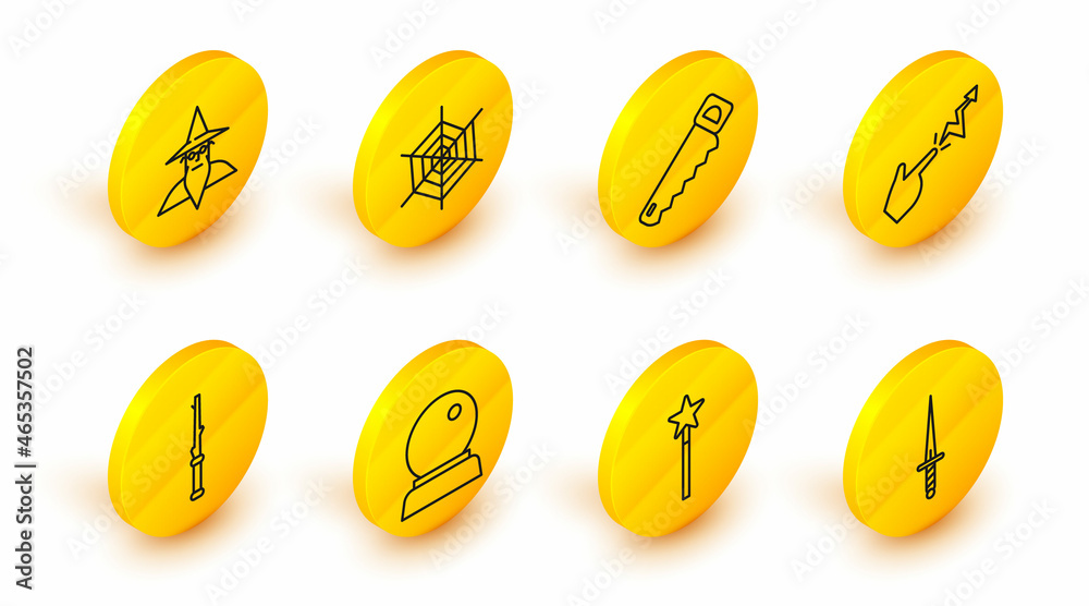 Set line Dagger, Magic wand, ball, Spell, Hand saw, Spider web and Wizard warlock icon. Vector Set line Dagger, Magic wand, ball, Spell, Hand saw, Spider web and Wizard warlock icon. Vector