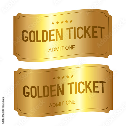 Set of 3d golden tickets. Waving golden tickets with inscription "Ticket". Vector illustration.	