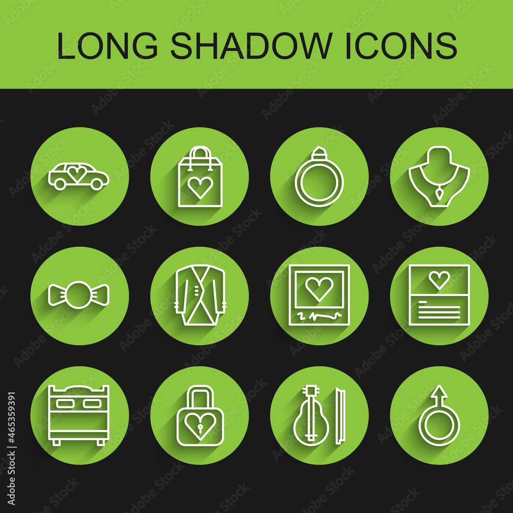 Set line Bedroom, Lock and heart, Limousine car, Violin, Male gender symbol, Suit, Greeting card and Photo frames hearts icon. Vector Set line Bedroom, Lock and heart, Limousine car, Violin, Male gender symbol, Suit, Greeting card and Photo frames hearts icon. Vector