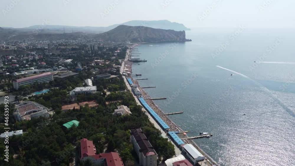 Flight over the embankment and the beach in Sudak. Flight over the embankment and the beach in Sudak.