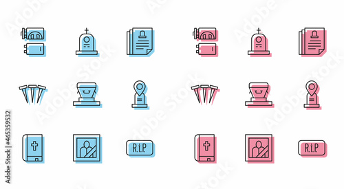 Set line Holy bible book, Mourning photo frame, Crematorium, Speech bubble rip death, Coffin, Location grave, Metallic nails and Grave with tombstone icon. Vector