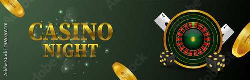 Casino online gambling game banner with playing card and roulette wheel