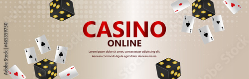 Casino online gambling game banner with playing card and roulette wheel