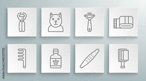 Set line Hair brush for dog and cat, Cat, Dog medicine bottle, Nail file pet, Towel stack and Pet nail clippers icon. Vector