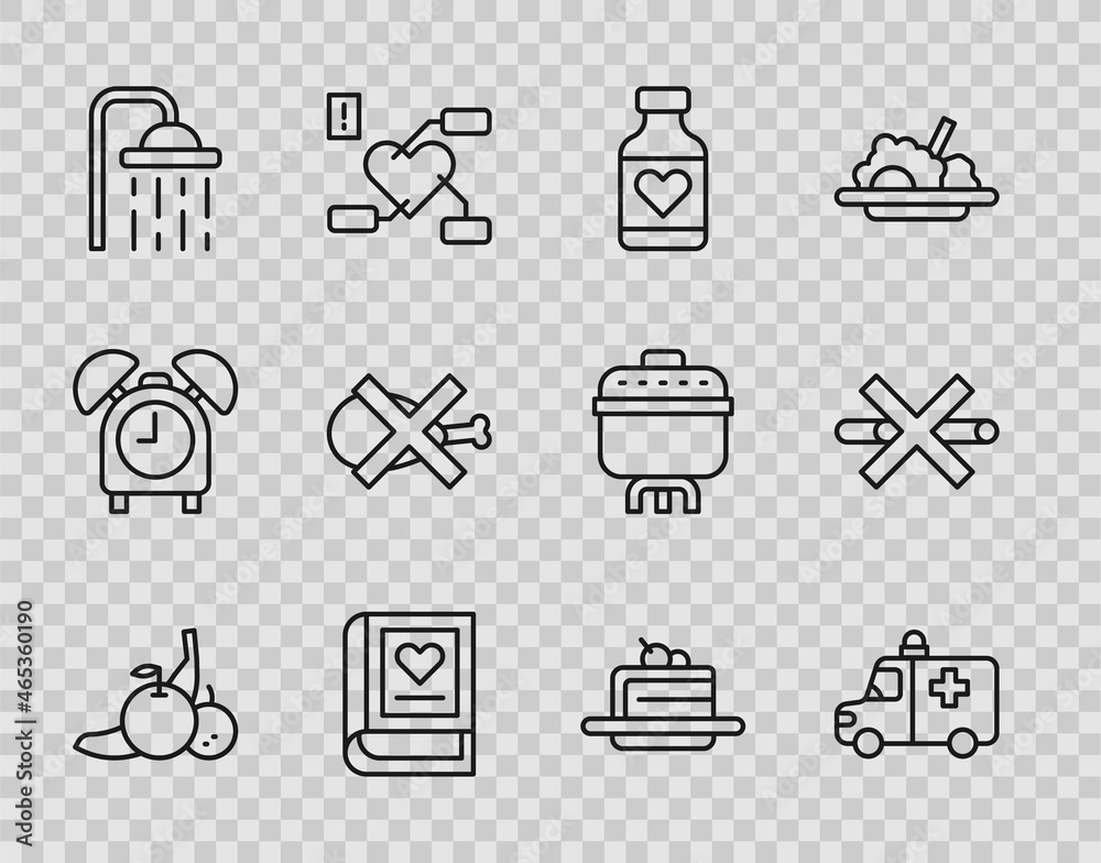 Set line Fruit, Ambulance and emergency car, Vitamin pill, Medical book, Shower head, No meat, Cake and Smoking icon. Vector Set line Fruit, Ambulance and emergency car, Vitamin pill, Medical book, Shower head, No meat, Cake and Smoking icon. Vector