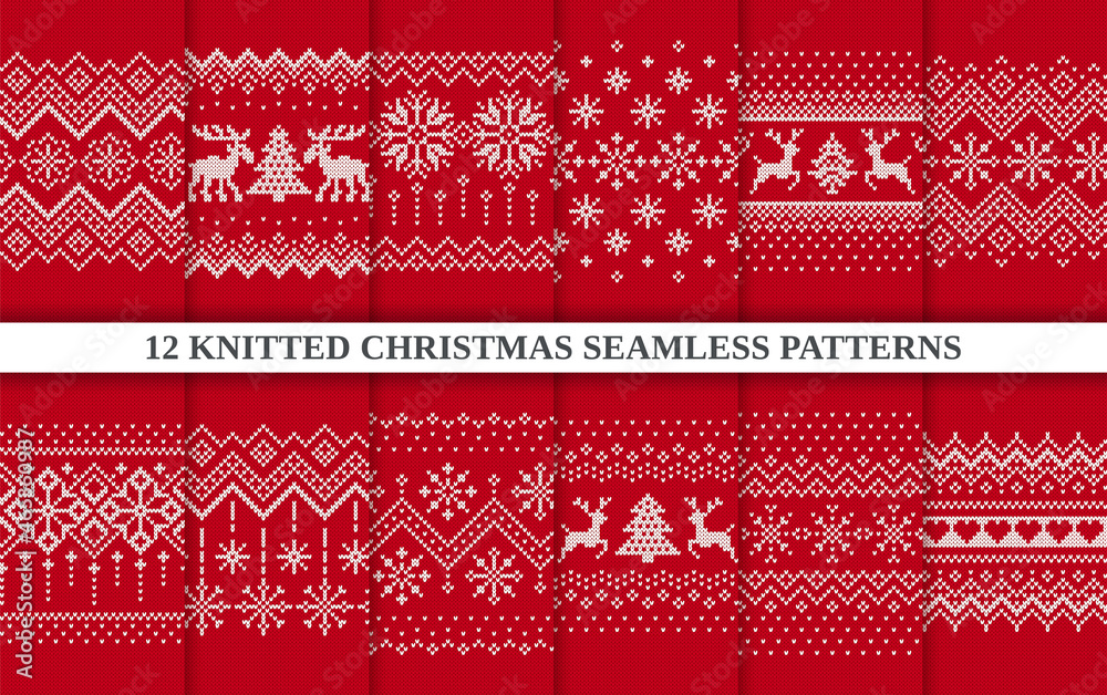 Christmas knit print. Seamless pattern. Set Red knitted sweater textures. Fair isle traditional geometric background. Holiday winter ornament. Festive crochet. Wool pullover frame. Vector illustration - obrazy, fototapety, plakaty 